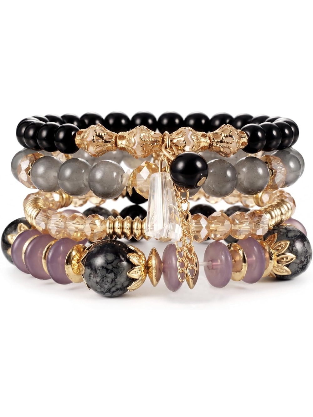 Anthropologie Layered Gold-Accent Bracelet Set - Black, Gray, Purple, Cream